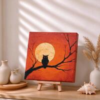 Handmade Impasto Owl Moon Painting, Orange Night Sky Wildlife Art (Canvas)Owl Paintings Original Art