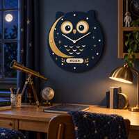 Custom Name Owl Moon Star Wall Clock, Wood Kids Bedroom Nursery Clock