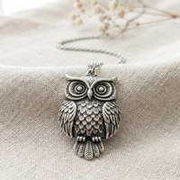 Vintage Silver Owl Necklace, Detailed Antique Owl Pendant, Cottagecore Wisdom Animal Jewelry, Nature
