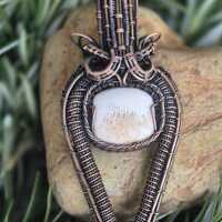 Peach Scolecite Owl Pendant – Hand-Woven Copper Wire Wrapped Necklace | Large Statement Pendan