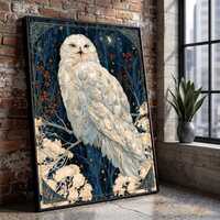 Majestic Snowy Owl Canvas, Night Forest Wildlife Wall Art, Starry Sky Owl Illustration, Nature Anima