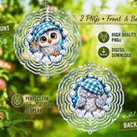 Cute Winter Owl Front & Back Wind Spinner Design, Owl PNG, Two Sided Winter Sublimation Spinner 