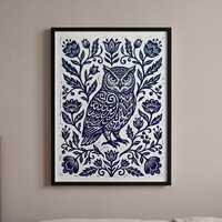 Owl Lino Print - Folk Art Wall Art, Scandinavian Decor, Cottagecore Gift