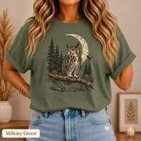 Great Horned Owl Shirt, Owl T-Shirt, Moon and Forest Graphic Tee, Vintage Wildlife Shirt, Bird Lover