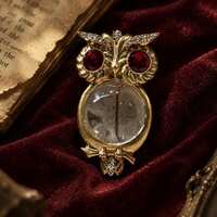 Vintage Gold Owl Brooch, Red Crystal Eyes Magnifying Glass Owl Pin