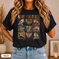 Night Creatures Shirt, Nocturnal Animals T-Shirt, Owl Bat Fox Raccoon Graphic Tee, Woodland Wildlife