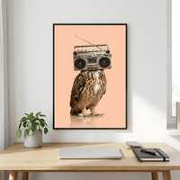 Owl Boombox Wall Art, Surreal Retro Music Printable, Quirky Animal Decor Digital Download