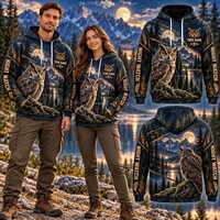 Personalized Owl Hoodie, Custom Name Night Forest Wildlife Sweatshirt, Moon Mountain Camping Gift