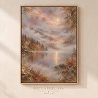 Hidden Owl Wall Art, Moonlit Mountain Lake Printable, Misty Autumn Forest Digital Download
