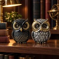 Owl Figurine in Black or Silver with Gold Accents, Decorative Bird Sculpture for Bookshelf or Office