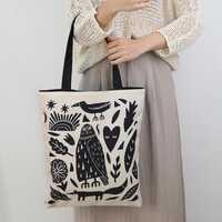 Owl Fox Tote Bag, Folk Art Animal Canvas Bag, Forest Woodland Shoulder Bag, Scandinavian Nature Love