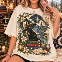 Black Cat Witch Hat T-Shirt, Barn Owl Lily Botanical Crescent Moon Storybook Graphic