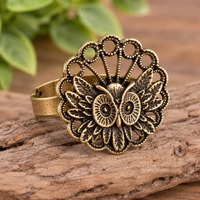 Brass Owl Statement Ring, Adjustable Filigree Bird Ring, Sizes 5-9