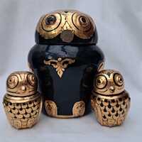 Vintage Burmese lacquerware owl trinket box set. Lazquer and gilt foil. Set of three owls. 1 x large