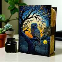 Owl and Moon Leather Journal, Stained Glass Style Grimoire