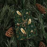 Green Owl Christmas Wrapping Paper, Dark Forest Green Gift Wrap Roll, Barn Owl Chickadee Gold Moon H
