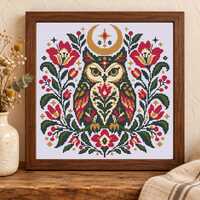 Folk Art Owl Cross Stitch Pattern PDF, Crescent Moon and Flowers, Woodland Embroidery, Color and Bla