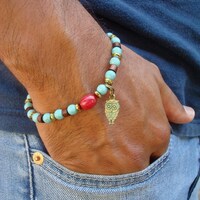 Unisex Spiritual Protection and Owl Wisdom Bracelet with Semi Precious Ruby Carnelian, Turquoise, He