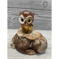Vintage Ceramic Brown Owl Shaker Mounted on Wood 6” X 6” X 5” Rustic Retro