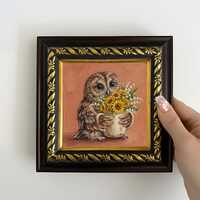 Owl Holding Sunflower Original Oil Painting, Framed Mini Canvas Artwork