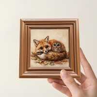 Fox and Owl Oil Painting Small Framed Canvas Artwork Wooden Frame