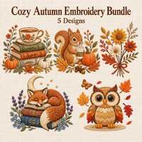 Cozy Autumn Embroidery Bundle, Squirrel Fox Owl Pumpkin Floral Designs (Digital File)