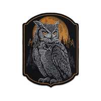 Great Horned Owl Embroidered Iron-On Patch – Full Moon Forest Art for Jackets
