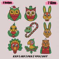 Christmas Animal Machine Embroidery Files, Owl, Bunny, Turkey, Parrot, Snake (Set of 9) PES DST
