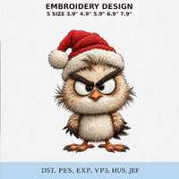 Christmas Owl Embroidery Design, Funny Angry Owl in Santa Hat, Cute Holiday Bird Machine Embroidery