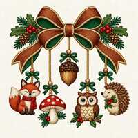 Woodland Christmas Bow Embroidery Design, Fox Owl Hedgehog Mushroom Acorn, Forest Holiday Machine Em