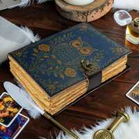 Owl Leather Journal, Vintage Owl Notebook, Gothic Floral Diary, Blue Leather Journal, Owl Lover Gift
