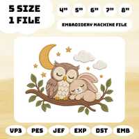 Owl Bunny Embroidery Design, Woodland Nursery Machine Embroidery File, Sleeping Rabbit Moon Stars PE