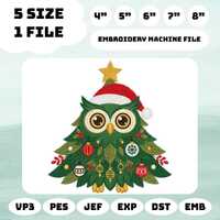 Christmas Owl Embroidery Design, Tree Owl Santa Hat Machine Embroidery File, Holiday Ornament Owl PE