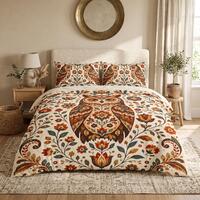 Owl Cotton Bed Set, Botanical Duvet Cover, Boho Folk Art Bedding, Vintage Owl Bedroom Decor