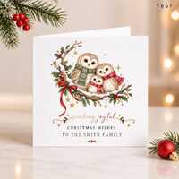 Personalised Christmas Card Family, Cute Owls Xmas Card, Custom Family Name Christmas Card, Cute Owl