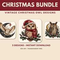 Christmas Owl PNG Bundle, Vintage Holiday SVG, Woodland Animal Designs