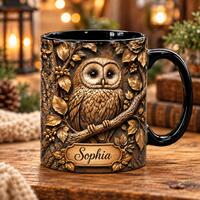 Woodland Owl Mug, Rustic Forest Coffee Cup, Vintage Owl Ceramic Mug, Cottagecore Wildlife Decor, Nat