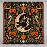 Vintage Witch Shower Curtain, Owls Pumpkins Bats and Crescent Moon Folk Art