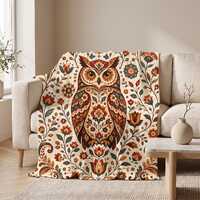 Mystic Owl Plush Blanket, Boho Folk Art Throw, Botanical Owl Blanket, Woodland Floral Home Decor, Co