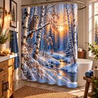 Winter Owl Shower Curtain, Snowy Birch Forest Bathroom Decor, Woodland Owl Curtain, Rustic Cabin Win