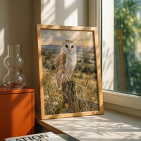 Barn Owl English Meadow Poster, Wildlife Oil Painting Print, Countryside Wall Art
