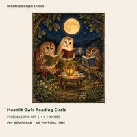 Owl Book Club Printable Wall Art, Moonlit Reading Circle, Cozy Library Mini Print, 4x5 Digital Downl