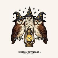 Owl Trio PNG Halloween Witch Gift Vintage Digital Download Owls Printable Spooky Fan Retro PNG Sorce