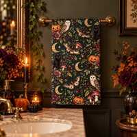 Spooky Halloween Hand Towel, Black Cat Owl Moth Pumpkin Botanical Decor