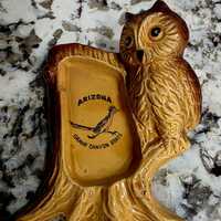 Vintage Mid Century Arizona Souvenir Owl Trincket Dish or Wall Hanging with Road Runner