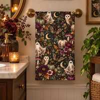 Spooky Botanical Hand Towel, Ghost Owl Halloween Decor, Cottagecore Bathroom Guest Towel