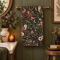 Woodland Botanical Hand Towel, Owl Mushroom Forest Decor, Cottagecore Guest Towel