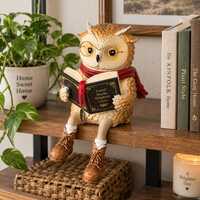 Hand-painted Reading Owl Figurine, Glasses & Book, Whimsical Bookshelf Decor
