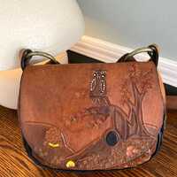Vintage 1970s Hand Tooled Leather Purse Owl Tree Design Hippie Boho Festival Bag