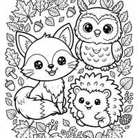 Woodland Animals Coloring Pages, Cute Fall Fox Owl Hedgehog Printable, Toddler Autumn Coloring Sheet